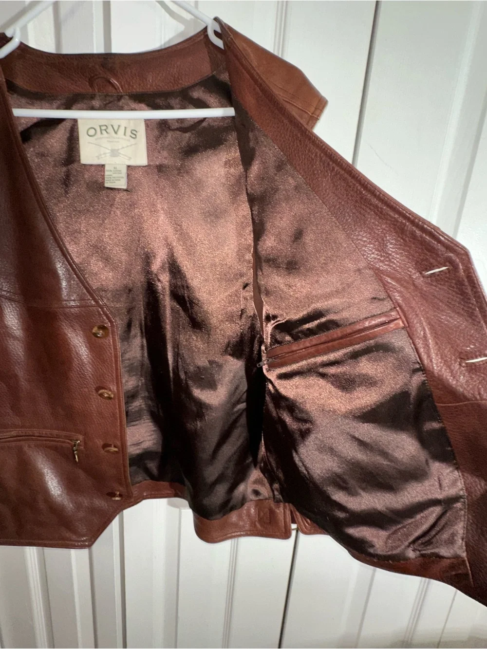 Orvis Mens Leather Vest Size XL Brown Western Field Utility Hunting Pockets AA24
